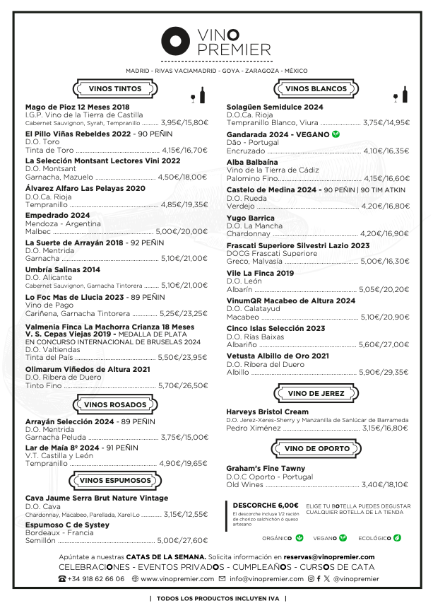 Carta Vinos por copas Vinopremier Silvela
