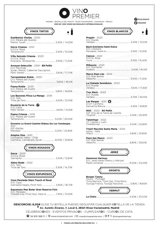 Carta Vinos por copas Vinopremier Rivas