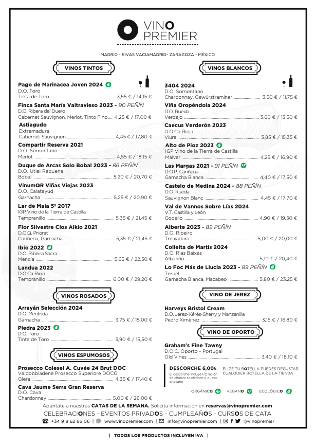 Carta Vinos por copas Vinopremier Silvela