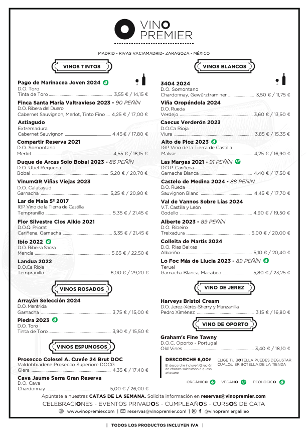Carta Vinos por copas Vinopremier Goya