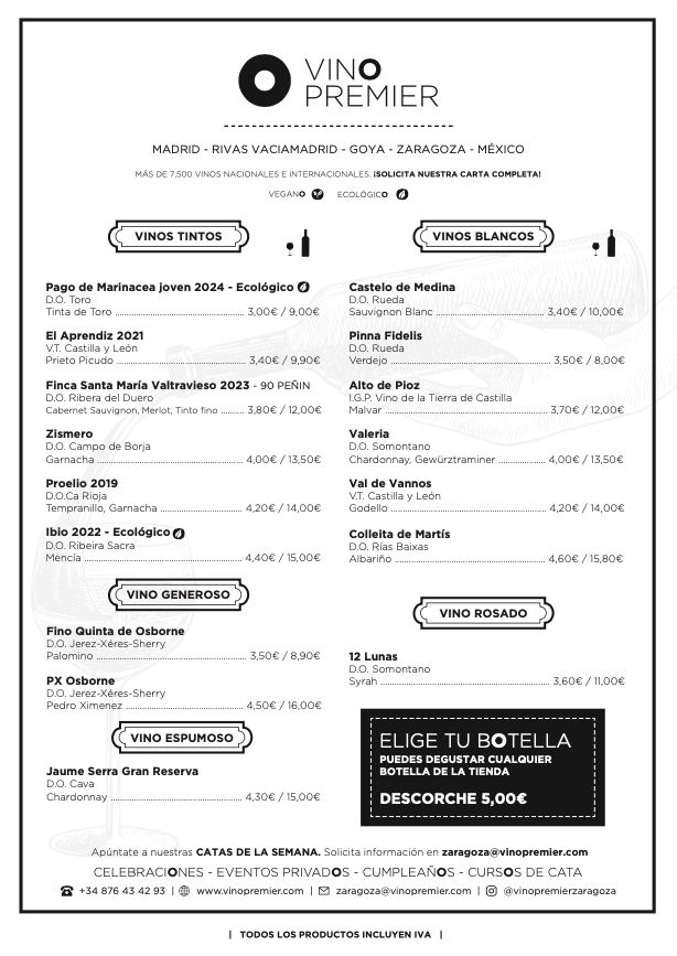 Carta Vinos por copas Vinopremier Zaragoza